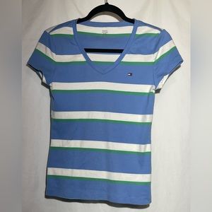 Y2K - Tommy Hilfiger ladies v-neck t-shirt - Blue, green and white stripes Sz M